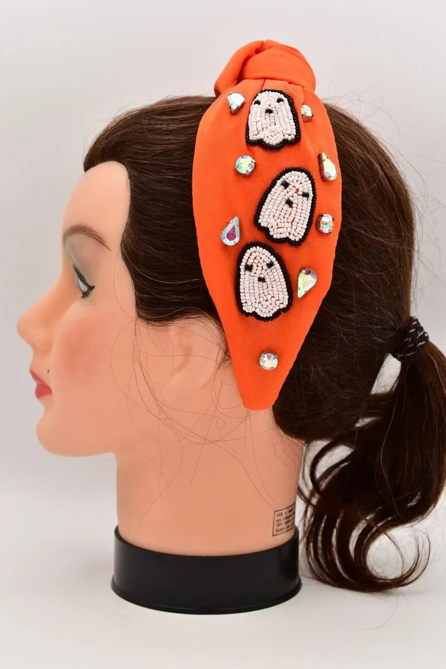 Halloween Ghost Rhinestone Crystal Headband White Orange Bright Fall Autumn New